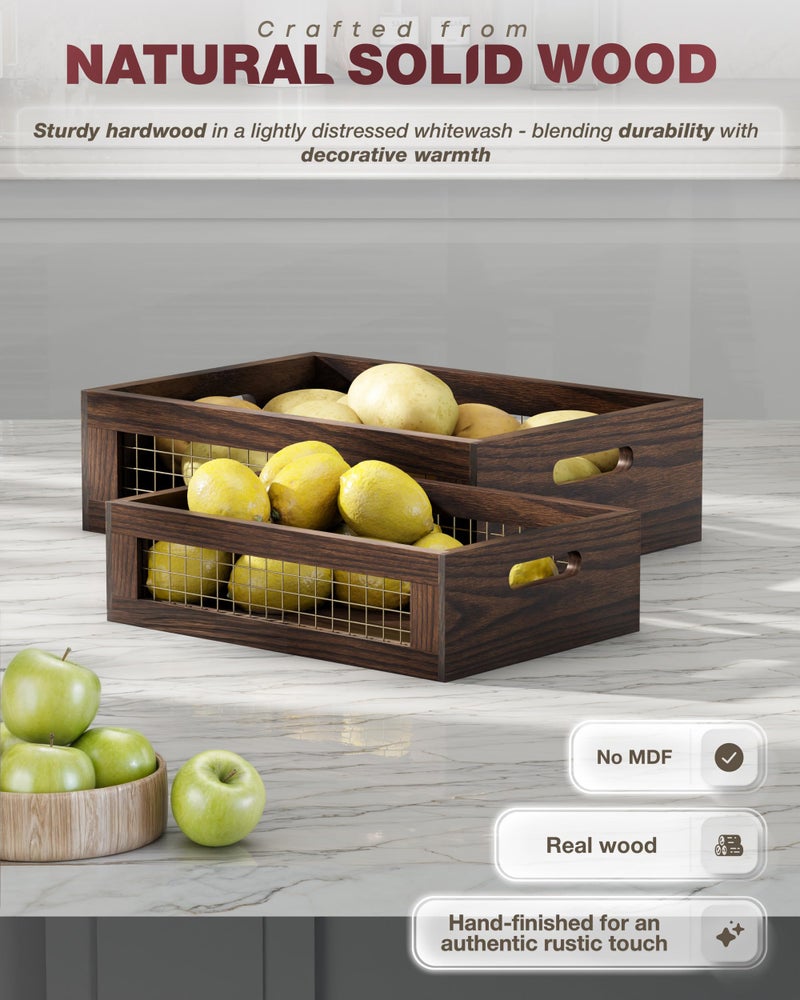 NAGAWOOD Wooden Countertop Baskets Set of 2 for Kitchen, Pantry|Wall Mount Upgrade with Full Accessories| Rustic Nesting Boxes|Wooden Organizer Crates for Vegetables, Produce, Bread - Image 3